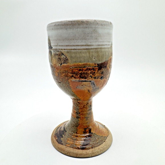 Studio Art Pottery Goblet Chalice Cup Textured Brown Gray Stoneware Signed #2 - Picture 4 of 10
